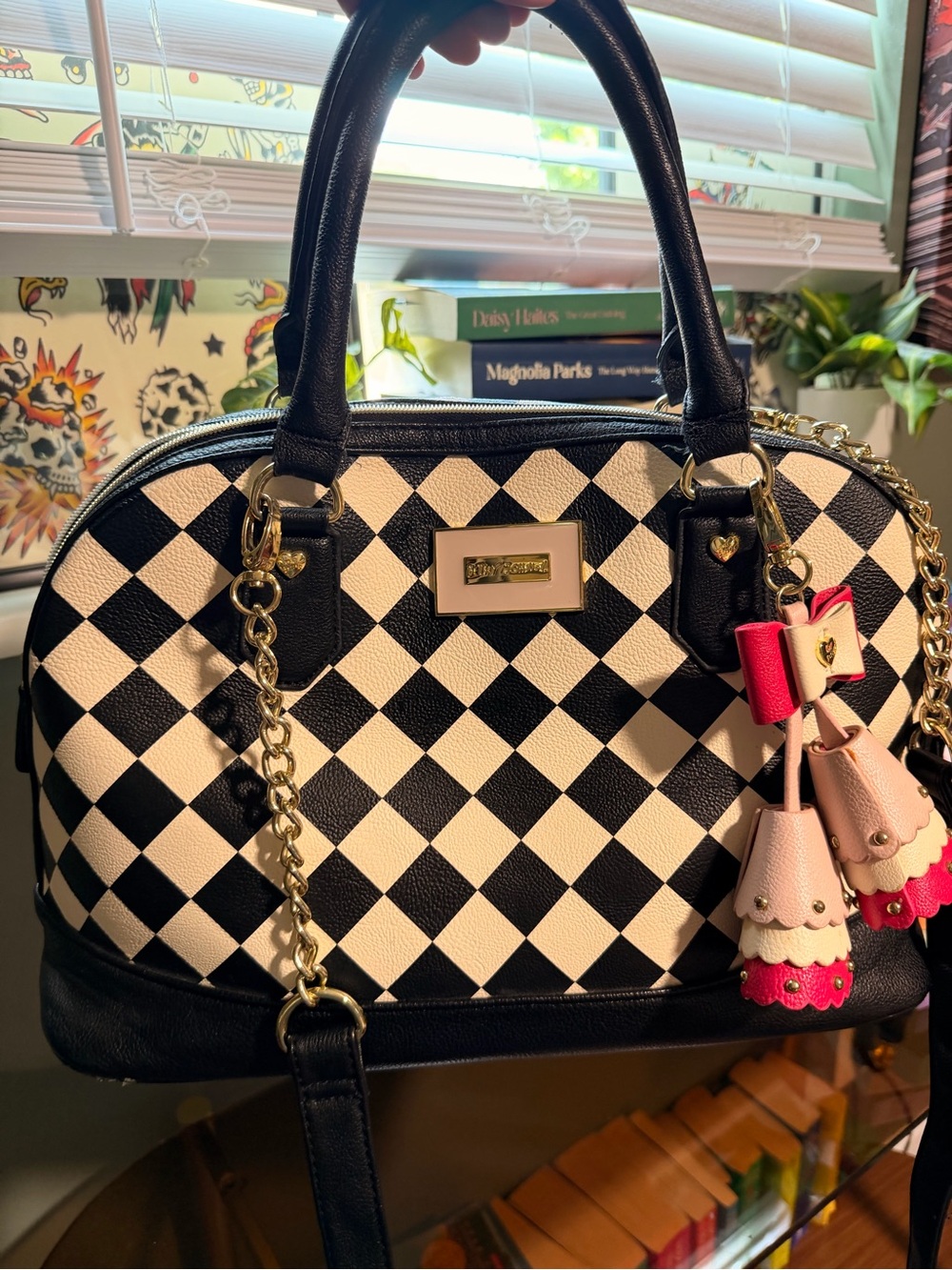 Betsey Johnson Checkered Satchel with Pink Bow Charm &Gold Chain Shoulder Strap